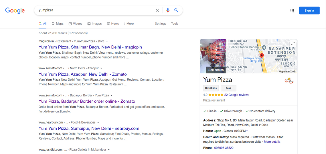 Yum Pizza GMB listing